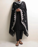 Black Voile Irani Dupatta (chaddar) with Chikankari embroidered border on all four corners & small motifs sprayed allover