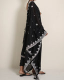 Black Voile Irani Dupatta (chaddar) with Chikankari embroidered border on all four corners & small motifs sprayed allover