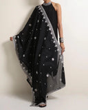 Black Voile Irani Dupatta (chaddar) with Chikankari embroidered border on all four corners & small motifs sprayed allover